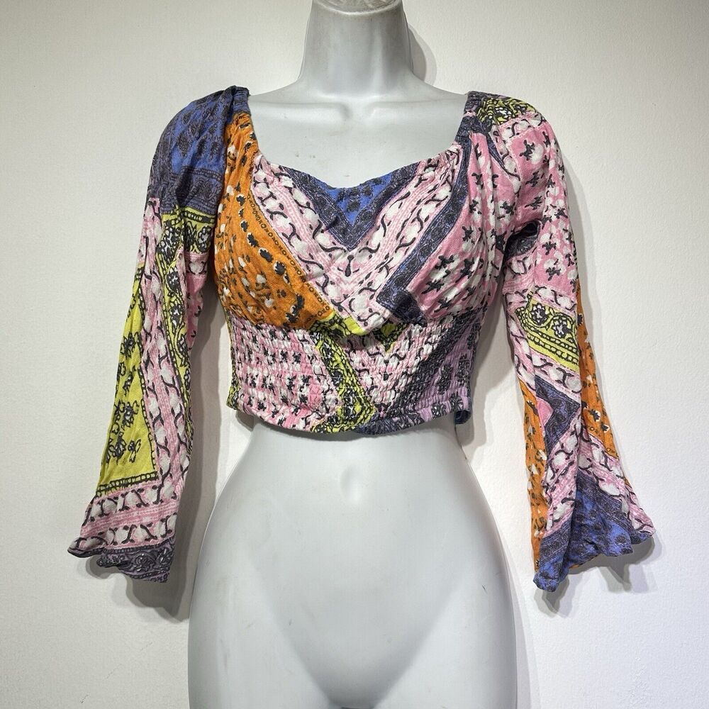 mink pink sunset patchwork long sleeve crop top size XS